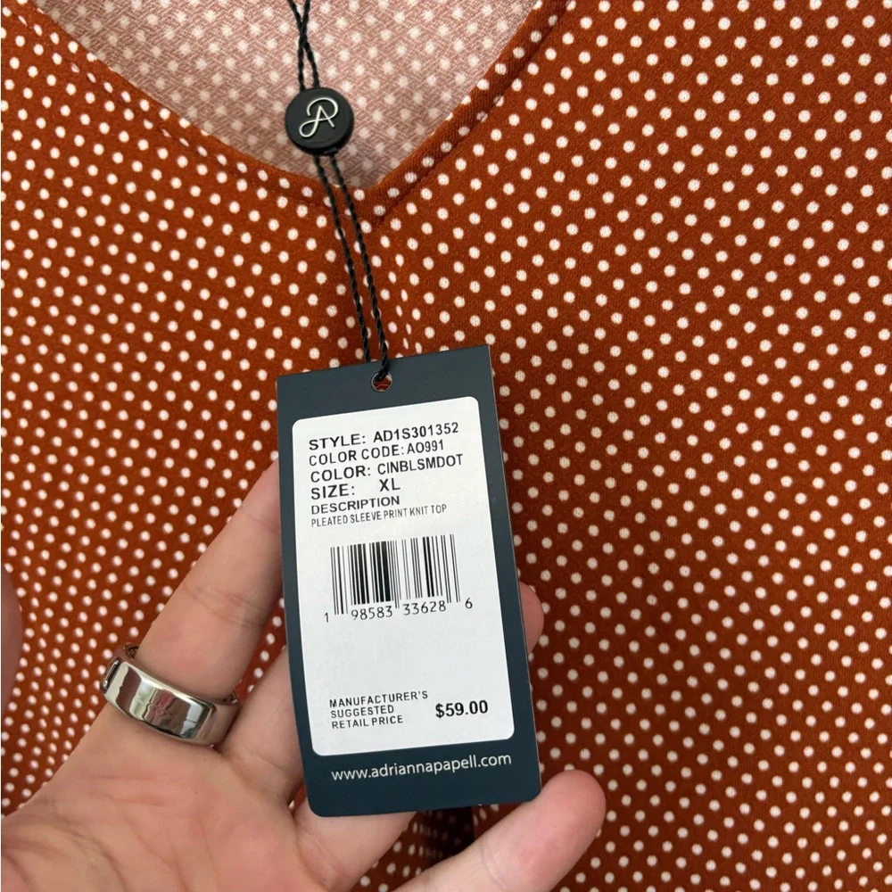 Adrianna Papell Pleated Sleeve Print Knit Top – Orange/White Polka Dot – NWT - Picture 3 of 4